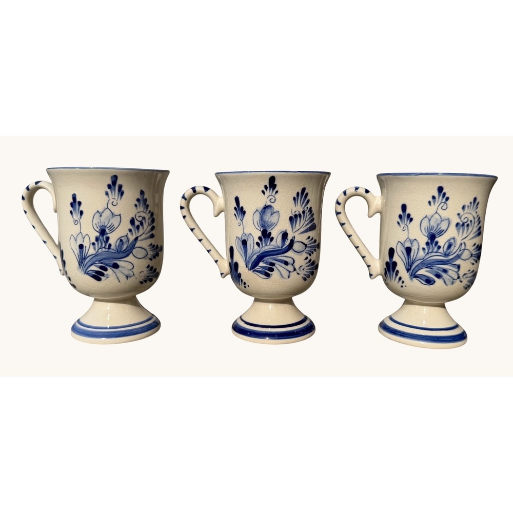 Delft Blue Vintage Footed Mugs Set of 3 Hand Painted Windmill Floral